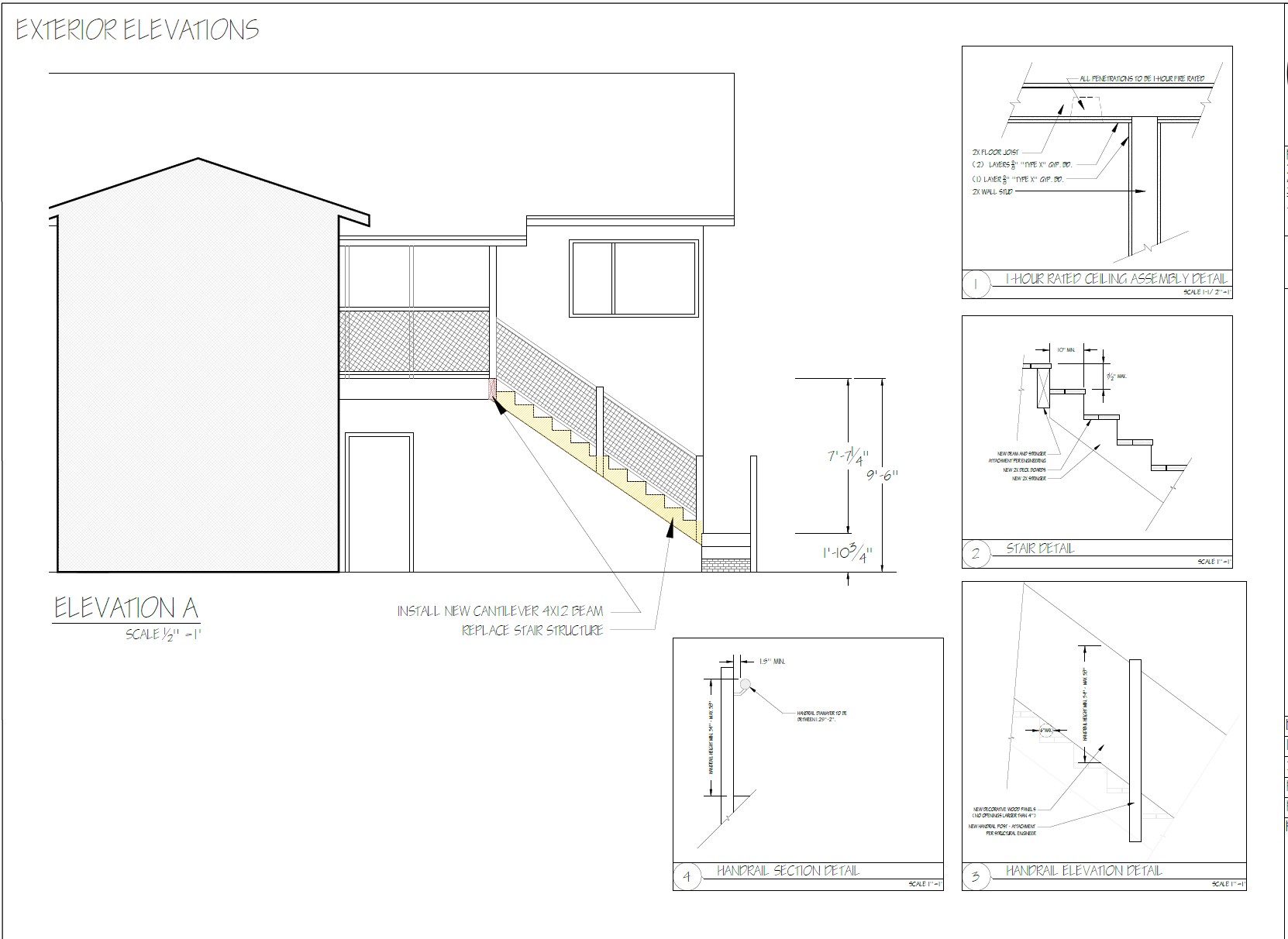 Exterior elevations and stair details — construction drawings