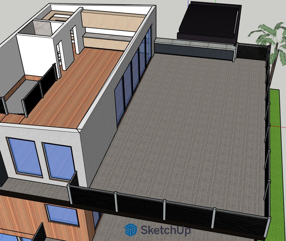 Dollhouse view of third floor and rooftop deck — 3D model
